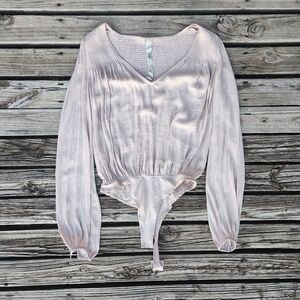 Intimately Free People Silky XS Pink Beige Flowy Bodysuit Top Long Sleeve